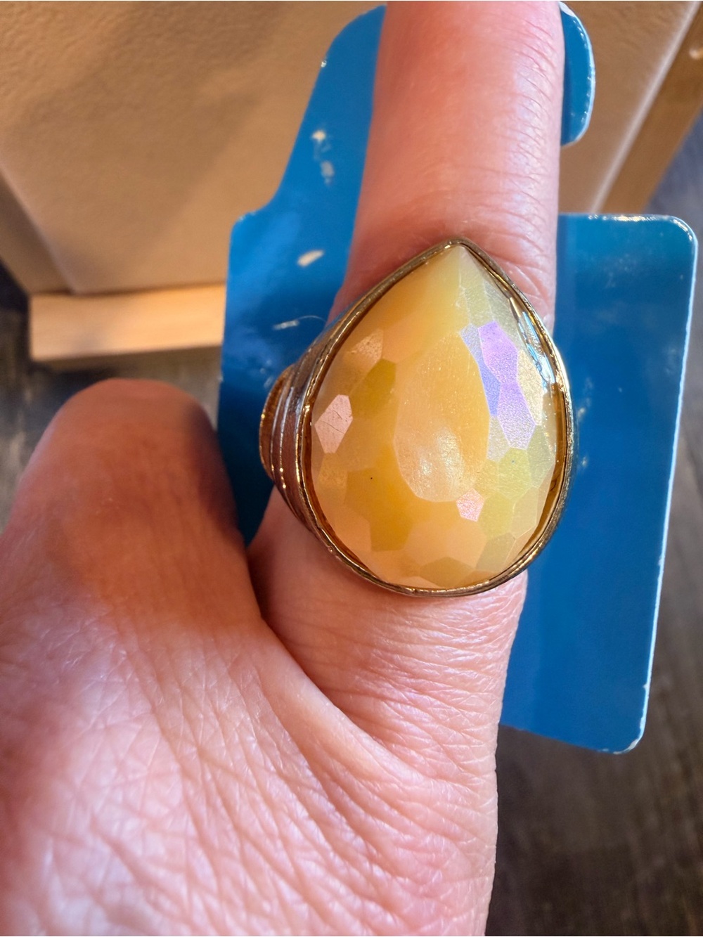 Yellow Rainbow Teardrop Faceted Statement stretchable Ring